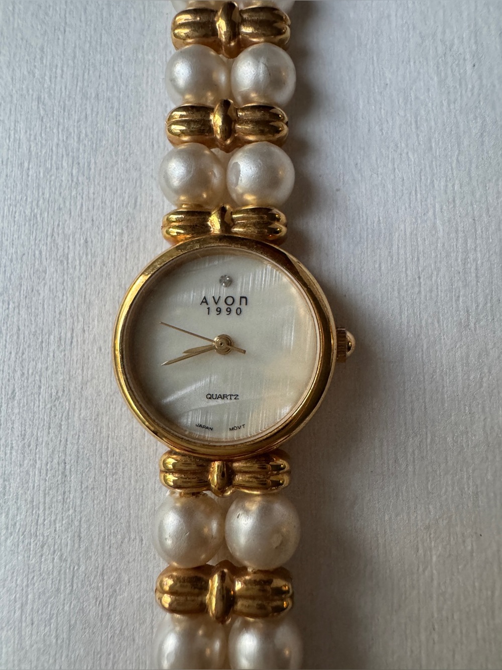 Avon 1990 Womens MoP Quartz Watch Gold Tone Faux Pearl Bracelet